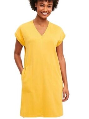 Lou & Grey Mustard Yellow V-Neck T-Shirt Shift Dress Pockets Casual Effortless